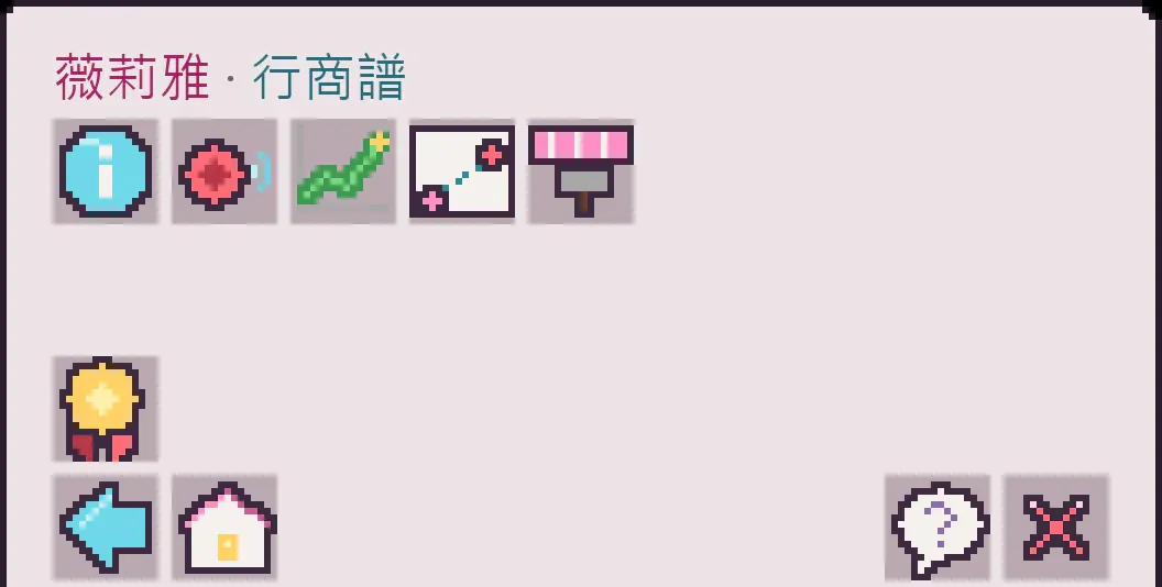 完成第一次接觸後的薇莉雅主選單，進度顯示一個商團聯絡人與一座設施